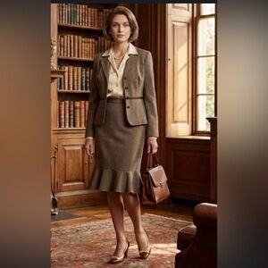 Sweet Suit Vintage Style Checkered Skirt Suit Set Size 18 Brown Plaid Ruffle Hem